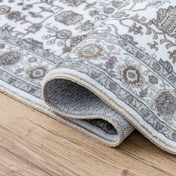 Subtlety Medallion All-Over Floral Border Non-Slip Machine-Washable Beige/Ivory 4 ft. x 6 ft. Area Rug