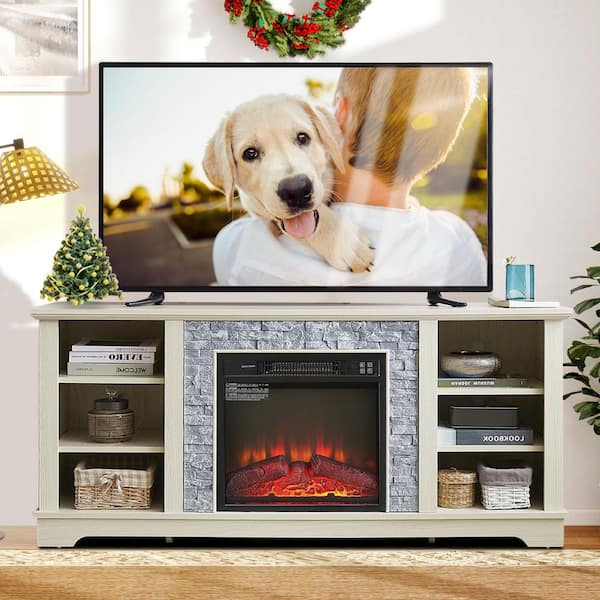 65 in. Freestanding TV Stand Media Console Table with 23 in. Fireplace Insert, for TV up to 70 in., White