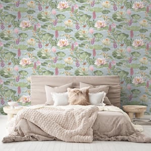 Water Lily Blue Non-Pasted Wallpaper (Covers 56 sq. ft.)