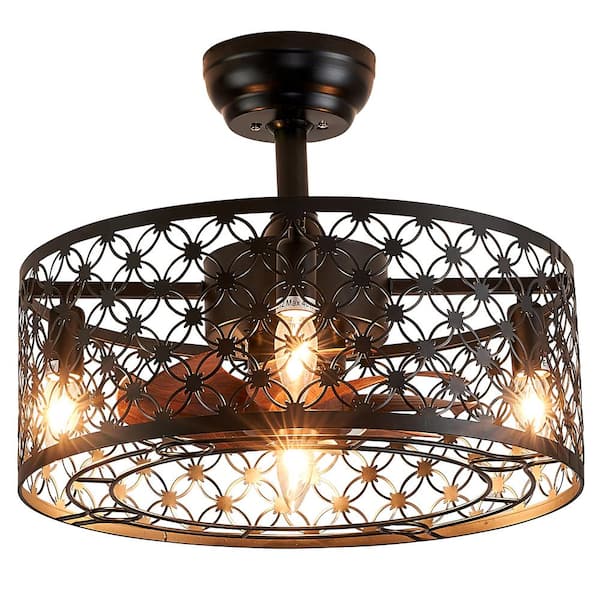 FANNEHONNE 21 in. Indoor Black Modern Ceiling Fan Light Kit, Drum Cage Ceiling Fan with Remote and Light