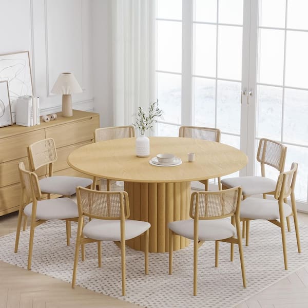 Round Natural Wood 60 in. Column Base Dining Table Seats 8