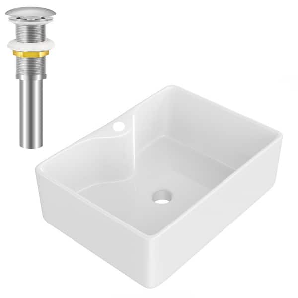 yulika Rectangular Sink 12 in . Bathroom Sink Ceramic Vessel Sink Bathroom Sink Modern with Pop-Up Drain in White and Sliver