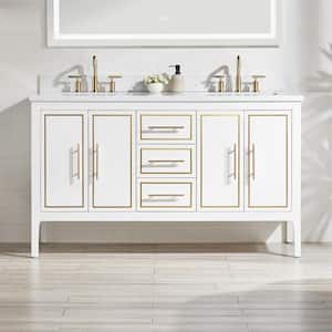 60 in. Solid Wood Freestanding Bath Vanity in White with Carrara White Cultured Marble Top, Double Sink Soft Close Doors