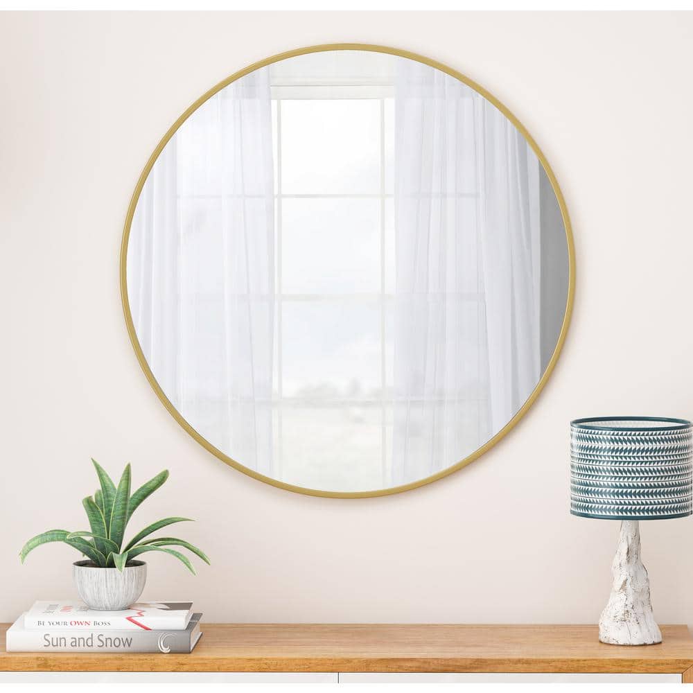 28 in. W x 28 in. H Round Framed Wall Bathroom Vanity Mirror in Gold, Wall 