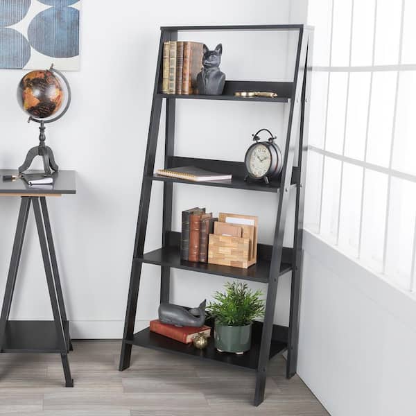 Walker Edison Furniture Company 55 in. Black Wood 4-shelf Ladder Bookcase with Open Back