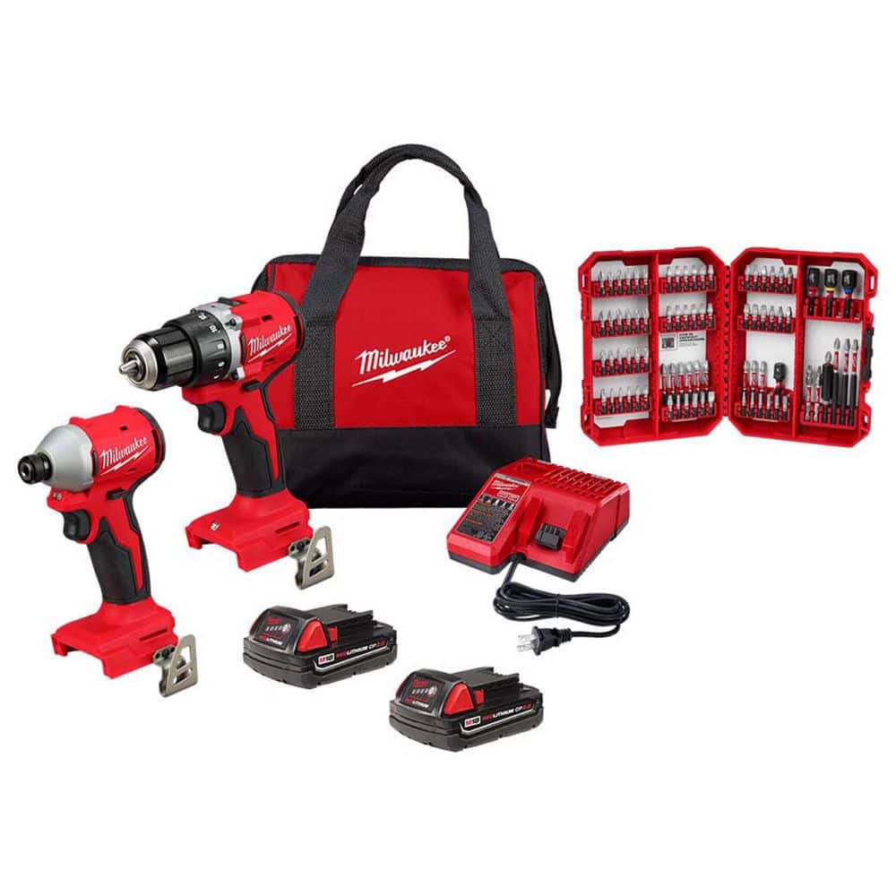 Milwaukee M18 18V Lith-Ion Brushless Cordless Drill/Impact Combo Kit (2-Tool) w/(2) 2.0 Ah Batteries, Charger, Bag, & Bit Set 3692-22CT-48-32-4094