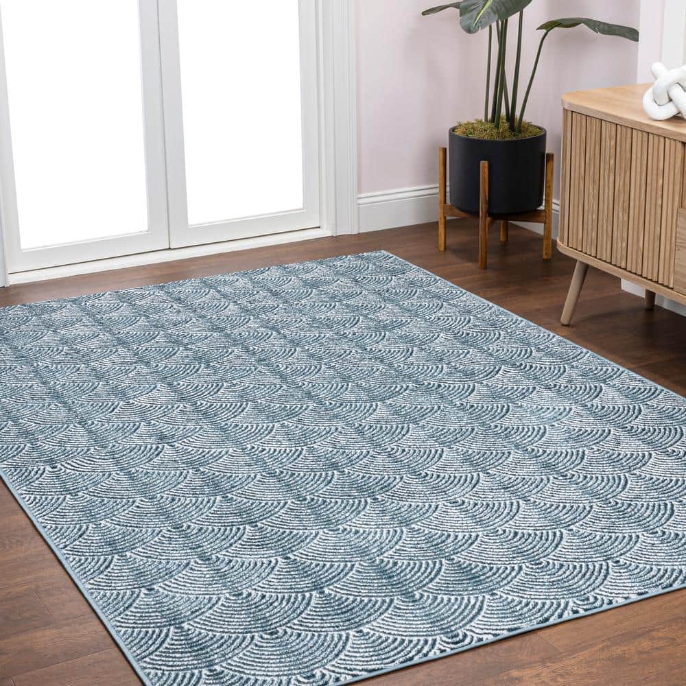 Navy and Cream Geometric Art Deco High-Low Area Rug 8x10
