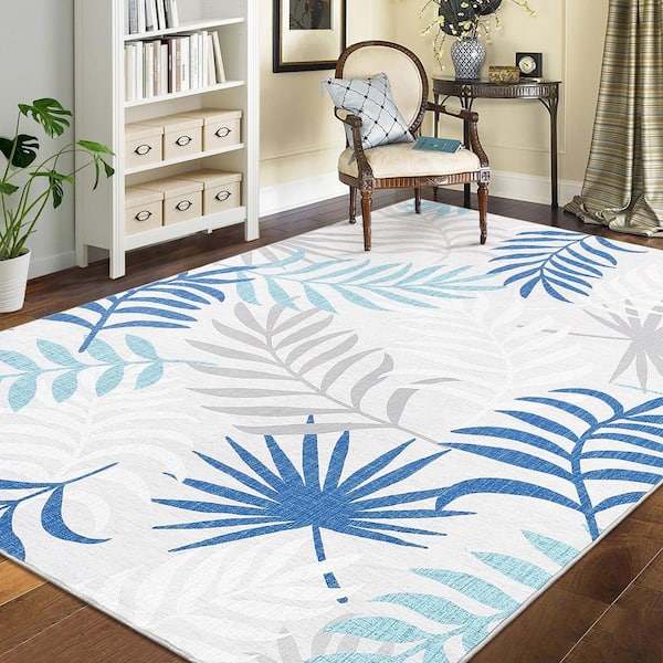 Modern Botanical Printed Rug with Non-slip Backing Short Pile Foldable Rug Washable Living Room Rug Blue 9X12ft