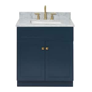 Hamlet 31 in. W x 22 in. D x 35.25 in. H Vanity in Midnight Blue with White Carrara Marble Vanity Top