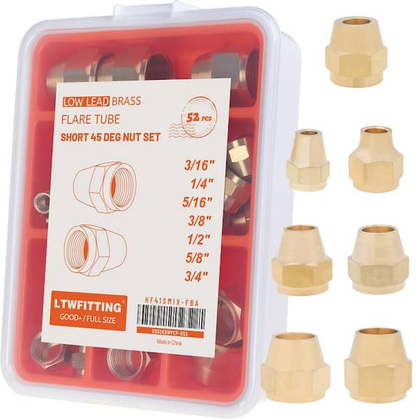 LTWFITTING Assortment Kit Tube OD 3/16 in. 1/4 in. 5/16in. 3/8 in. 1/2 in. 5/8 in. 3/4 in. Brass Short 45 Degree Flare Nut(52-Pack)