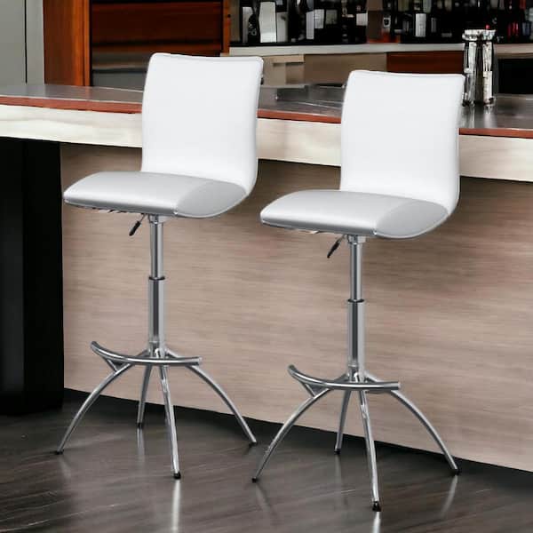 HomeRoots 26 in. White Low Back Metal Adjustable Height Bar Chair with Faux Leather Seat Set of 2