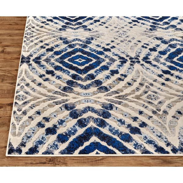 HomeRoots 2 ft. x 8 ft. Ivory, Blue Abstract Runner Rug