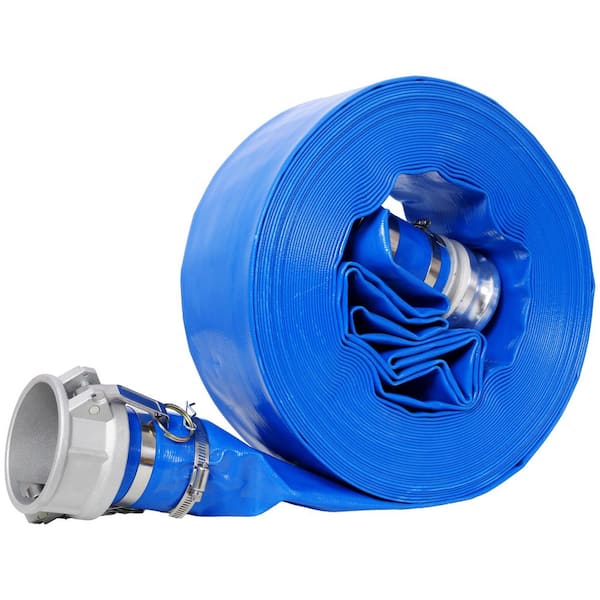 Backwash Hose 4 in. x 100FT Heavy Duty Blue PVC Lay Flat Water Discharge Pump Hoses w/Aluminum Camlock C and E Fittings