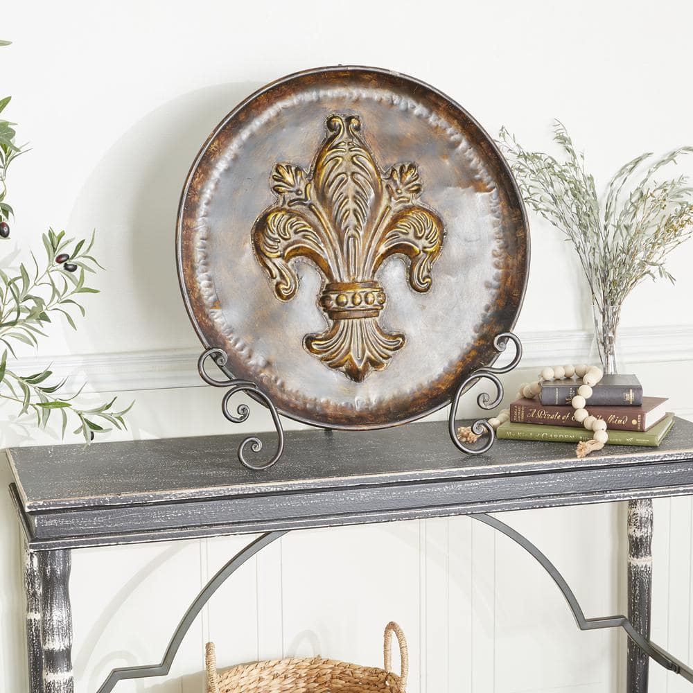 Brown Iron Fleur De Lis Embossed Round Charger with Stand