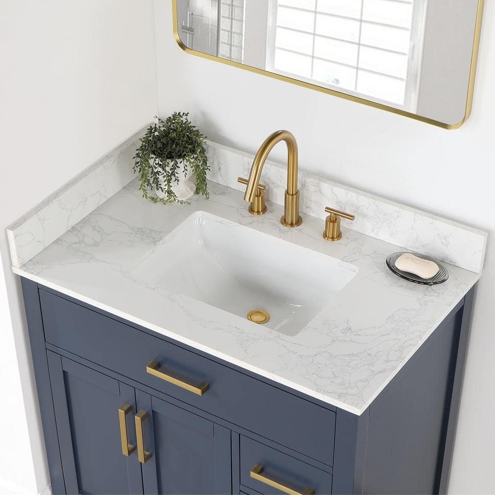Royal Blue 36" Freestanding Vanity with Grain White Top & Gold Accents