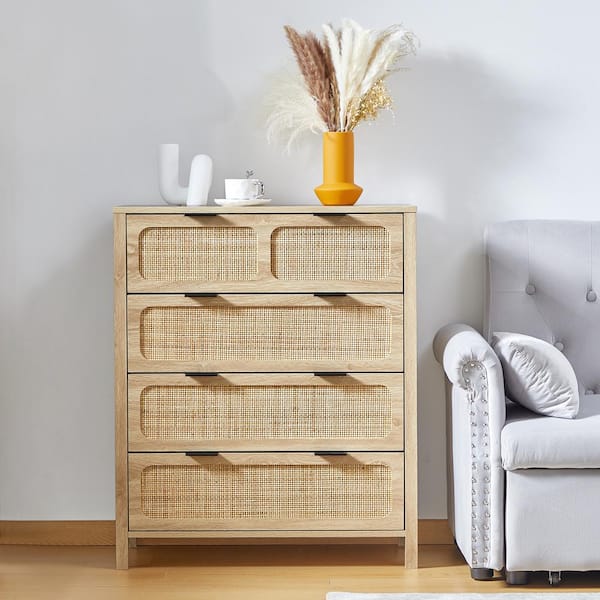 Natural Wooden Rattan 4-Drawer Storage Cabinet Dresser (15.74 in. D x 29.52 in. W x 35.43 in. H)