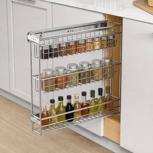 3-Shelf Chrome Side Mount Pull Out Metal Spice Organizer for Frameless Kitchen Cabinets Pantry Storage
