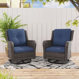 Wicker Outdoor Rocking Chair Patio Swivel with Blue Cushions (2-Pack)
