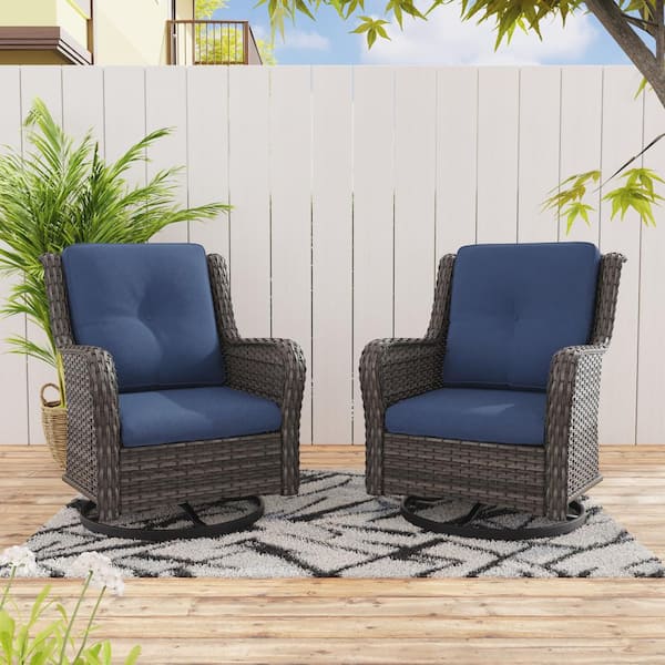 JOYSIDE Wicker Outdoor Rocking Chair Patio Swivel with Blue Cushions (2-Pack)