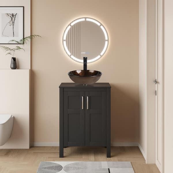 16.5 in . Vessel Bathroom Sink in Brown Glass Round with Faucet Pop Up Drain Set With Hand-Painted Pattern