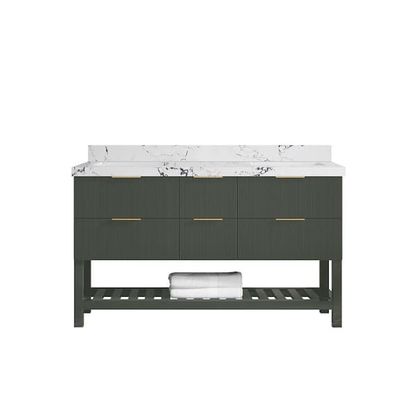 Willow Collections Catalina 60 in. Double Sink Freestanding Pewter Green Bath Vanity with Viola Night Qt. Top Unassembled