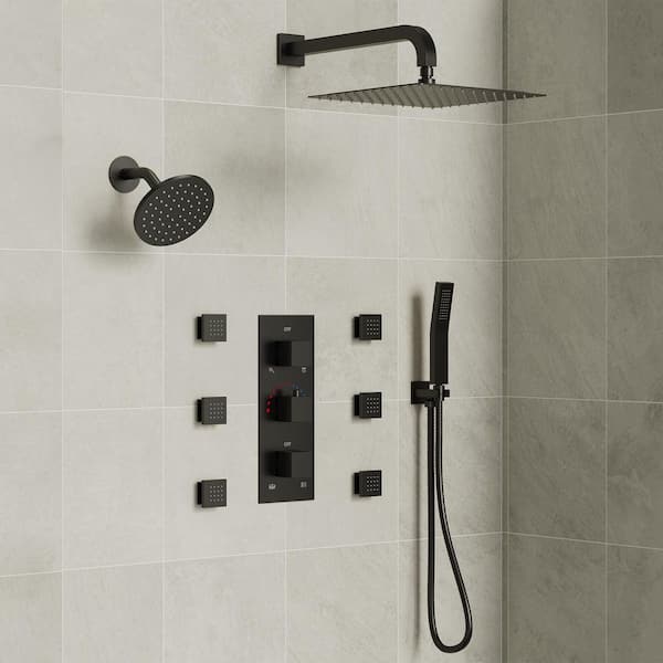 8-Spray Patterns 12 and 6 in. 2.5 GPM Square Wall Mount Dual Shower Handheld Shower Head in Matte Black