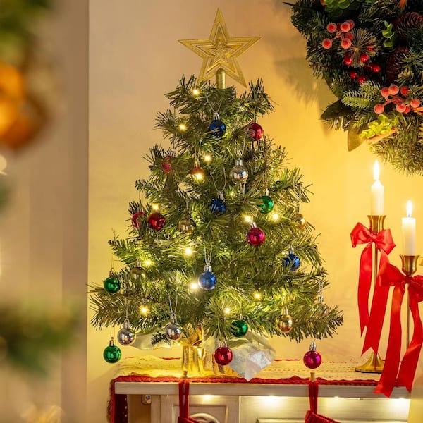 2 ft. Tabletop Christmas Tree with Lights with Star Treetop and Hanging Ornaments