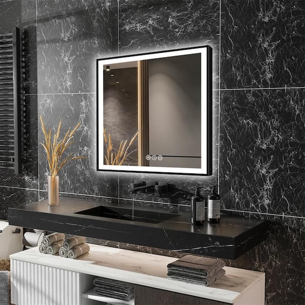 ExBrite LumiCont 36 in. W x 36 in. H Medium Square Black Framed Anti-Fog LED Wall Bathroom Vanity Mirror Lighted Mirror