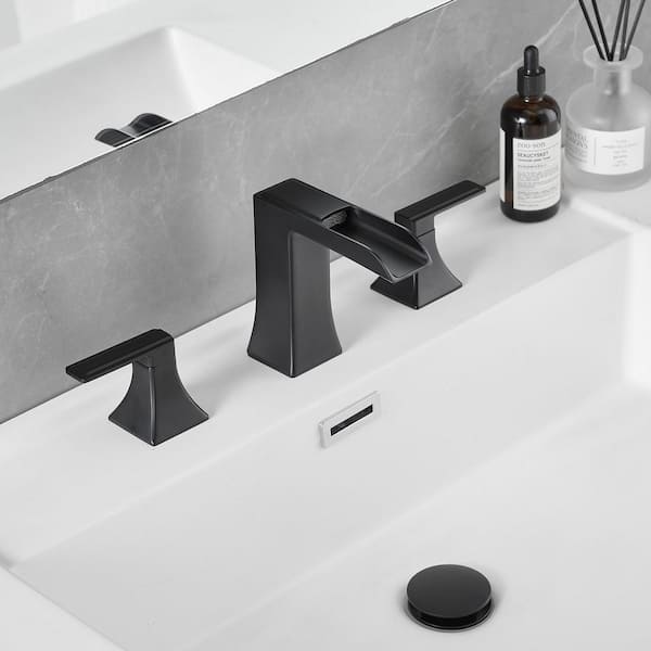 Modern 8 in. Widespread Double Handle Brass Bathroom Faucet with Pop Up Drain and Water Supply Hoses in Matte Black