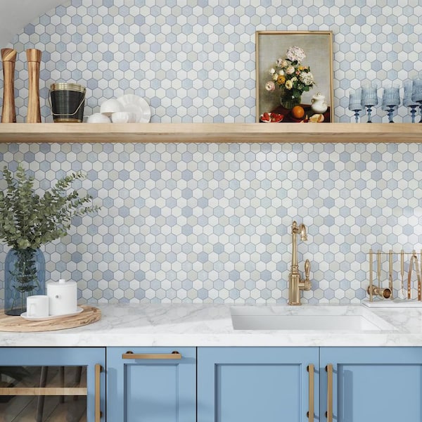 Nubes 4 in. x 5 in. Polished White, Soft Blue Marble Mosaic Hexagon Wall and Floor Tile Sample