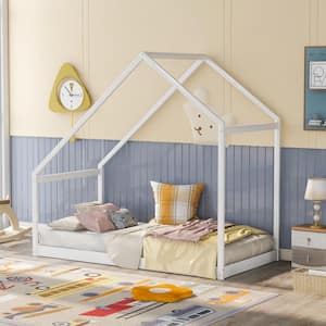 White Twin Size House Shape Floor Bed, Twin Wood Bed Frame with Roof for Toddlers Kids Boys Girls, Box Spring Needed