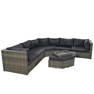 6 Pieces Wicker Patio Conversation Set,All Weather Sectional Sofa,with Grey Cushions Ottoman and Small Trays,for Garden