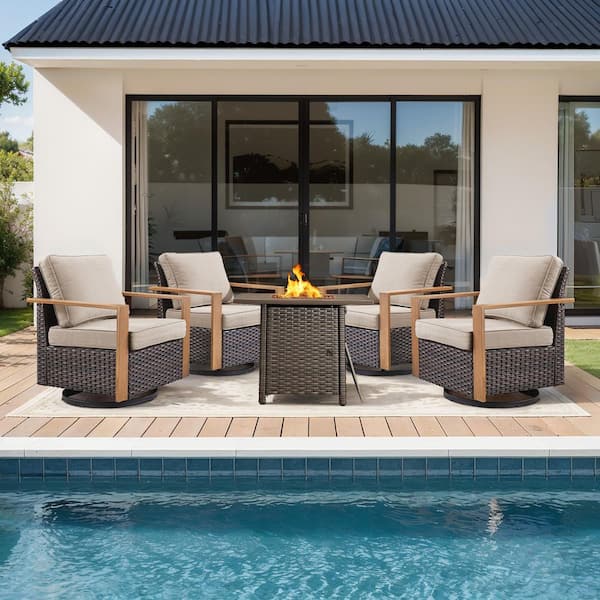FanKan Brown 5-Piece Wicker Outdoor Glider Chair Patio Deep Seating with Rectangular Fire Table and Beige Cushions