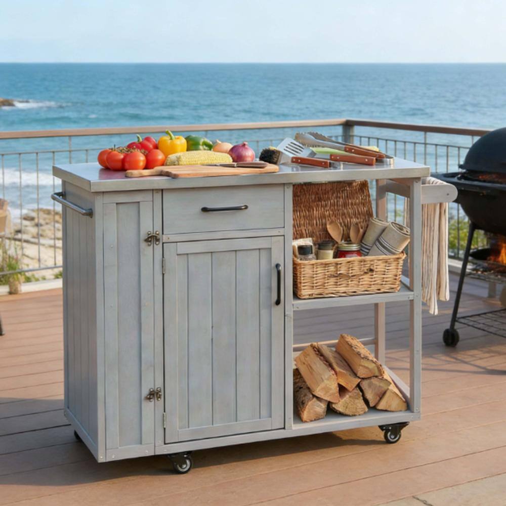 Gray Wood Outdoor Grill Cart with Stainless Top and Cabinet for Patio, Garden, Backyard price history on PriceWatchPro