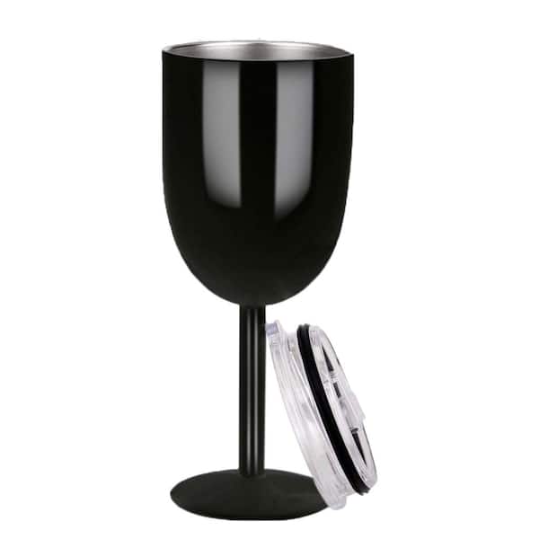 Double Walled 10 oz. Insulated Black Stainless Steel Wine Tumbler with Lid (Set of 2)
