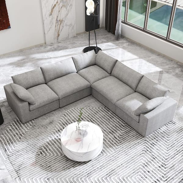 J&E Home 120 in. Square Arm Linen Deep Seat L Shaped 5-Piece