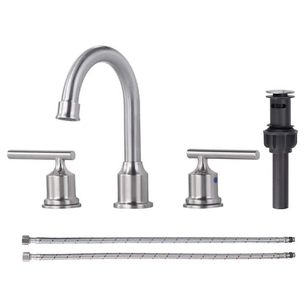 8 in. Widespread 3 Holes Double Handle Bathroom Faucet with Pop Up Drain and Supply Hoses in Bruhsed Nickel