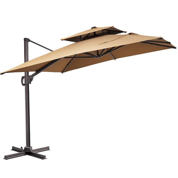 9 ft. x 11.5 ft. Double Top 360° Rotation Rectangular Cantilever Patio Umbrella in Tan
