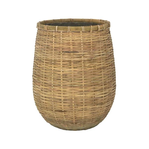 PotteryPots 14.6 in. W x 17.3 in. H Large Round Cement/Bamboo Wood Pablo Planter Modern Bamboo Garden Decor Natural Bamboo