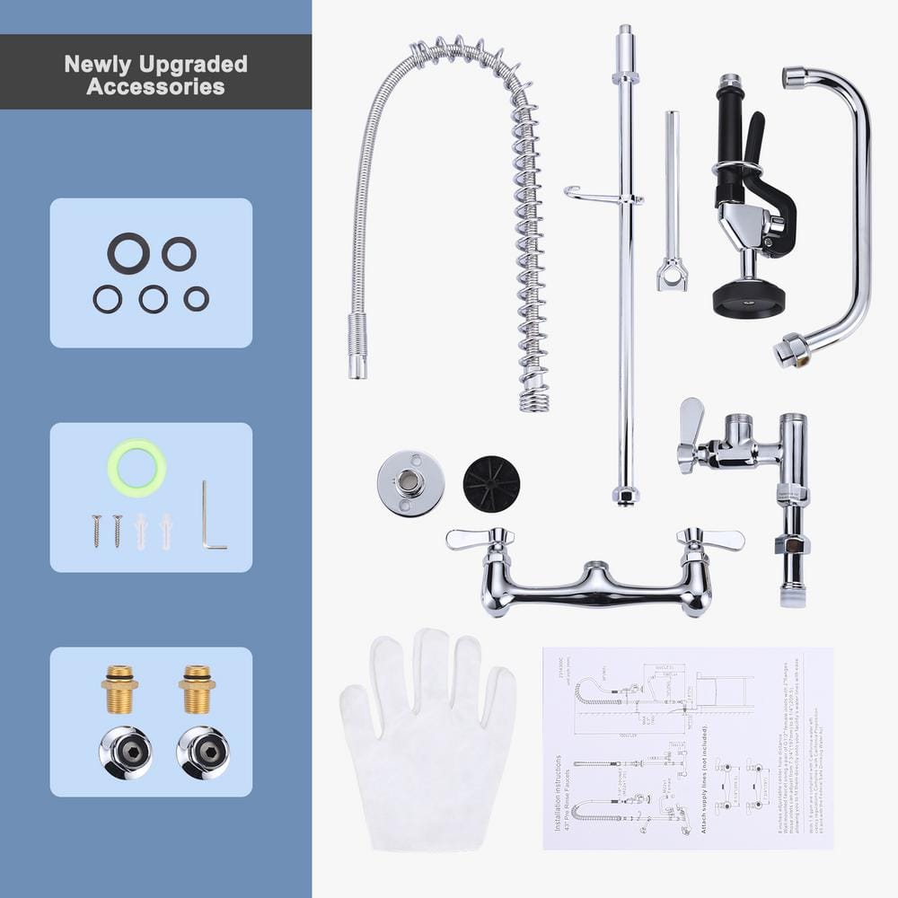 47 Inch Chrome Wall Mounted Commercial Kitchen Faucet with Pull-out Spray