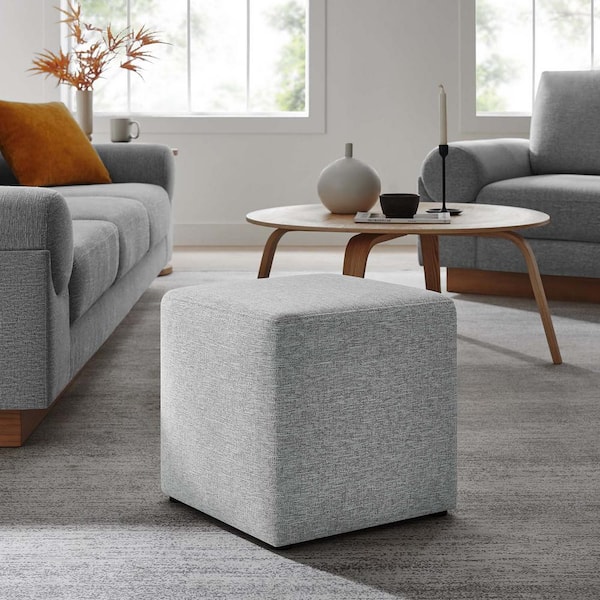 MODWAY Callum 17 in. Square Woven Heathered Fabric Upholstered Ottoman in Heathered Weave Light Gray