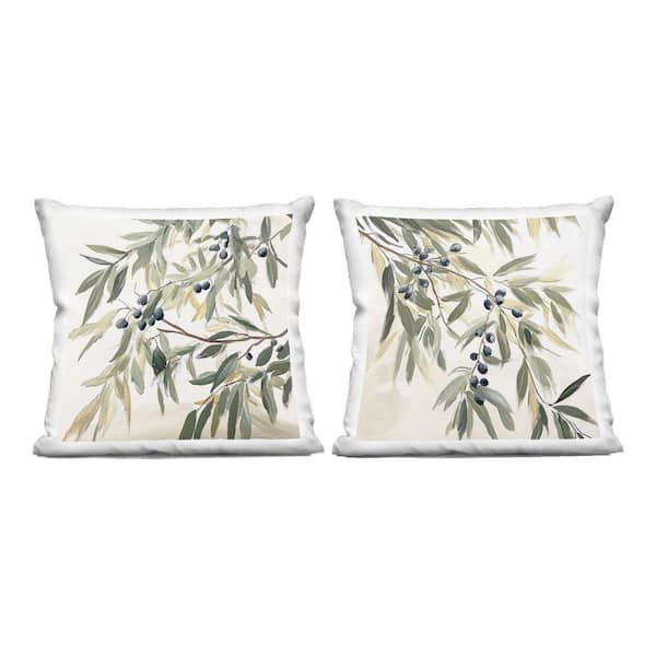 Olive Branches in Pastel Green Floral Zipper Polyester 18 in. x 18 in. Throw Pillow Set of 2