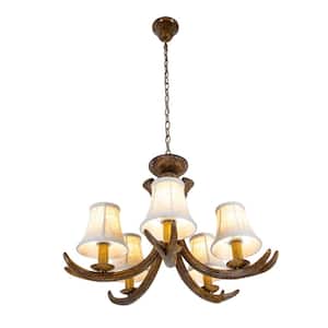 25.59 in. 5-Light Brown Resin Antler Chandelier with Beige Handmade Fabric Lampshade with No Bulbs Included