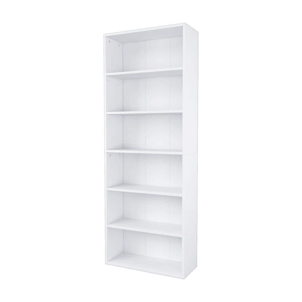 White wood bookcase standing alone against a light background.