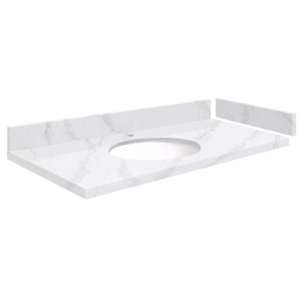 Silestone 42.5 in. W x 22.25 in. D Quartz White Round Single Sink Vanity Top in Calacatta Gold -  Transolid, 608197288302