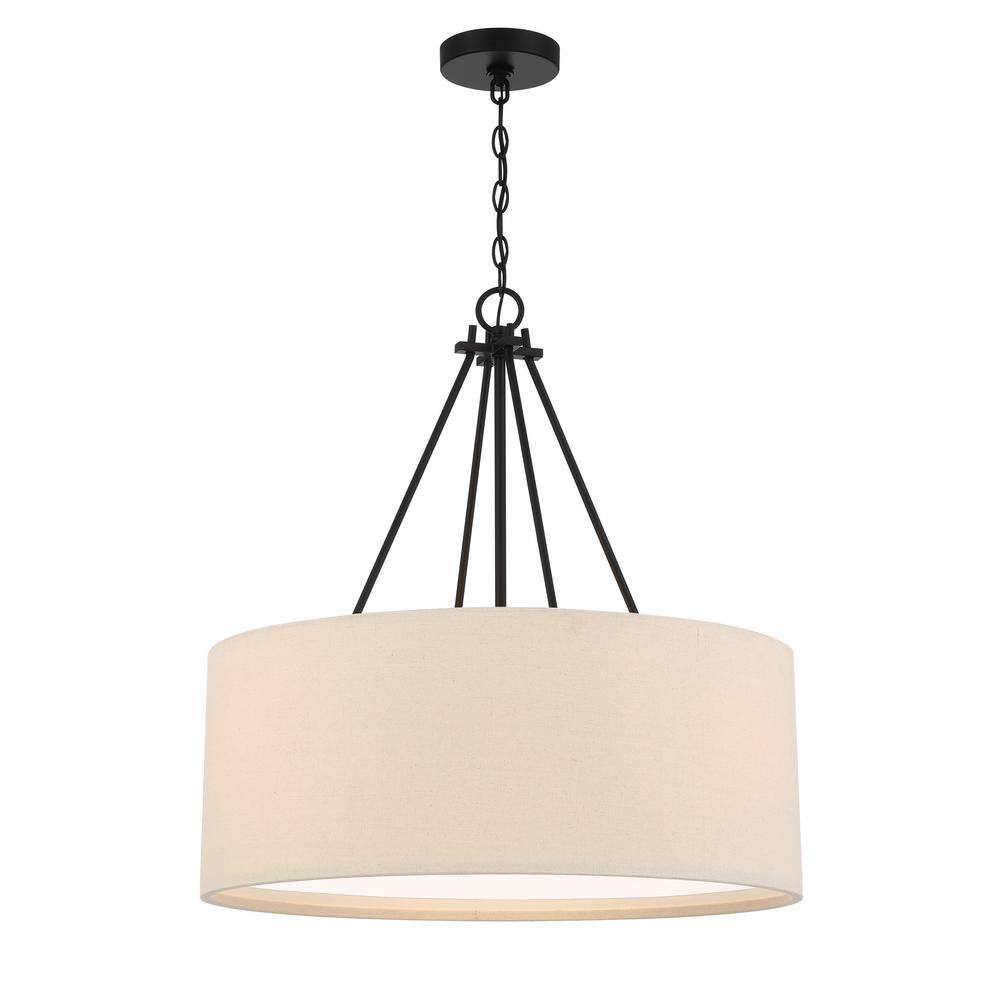 Elegant Flat Black Duke 3-Light 24" Pendant with Beige Linen Shade