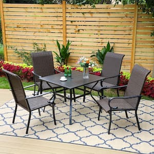 5-Piece Metal Patio Outdoor Dining Set with Slat Square Table and Brown Rattan High Back Arm Chairs