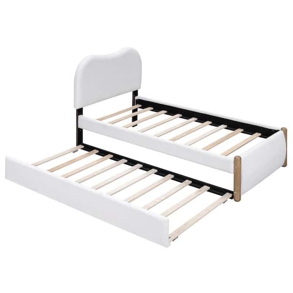 White Wood Frame Twin Platform Bed with Wood Supporting Feet and Twin Size Trundle