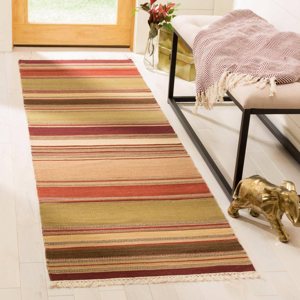 Handwoven Red and Multicolor Wool Striped Runner Rug