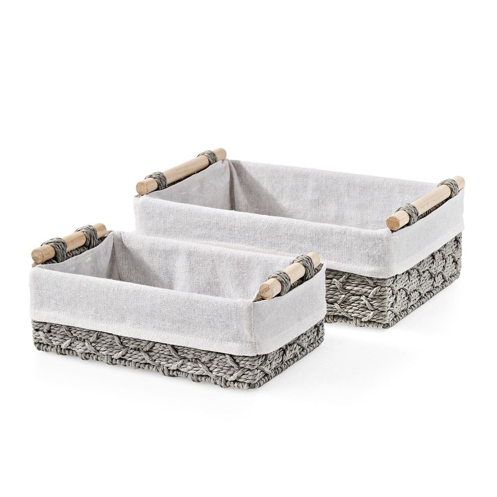 Macrame Boho Decor Baskets, Lined Woven Boxes Set for Bathroom, Gray 12 in.